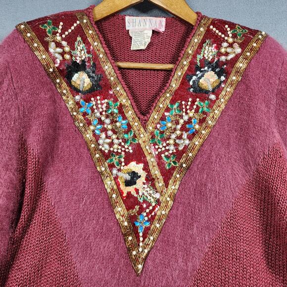 Vintage 80s Shannan Womens Sweater Large Angora Wool Garnet Red Sequin Beaded - Picture 4 of 10
